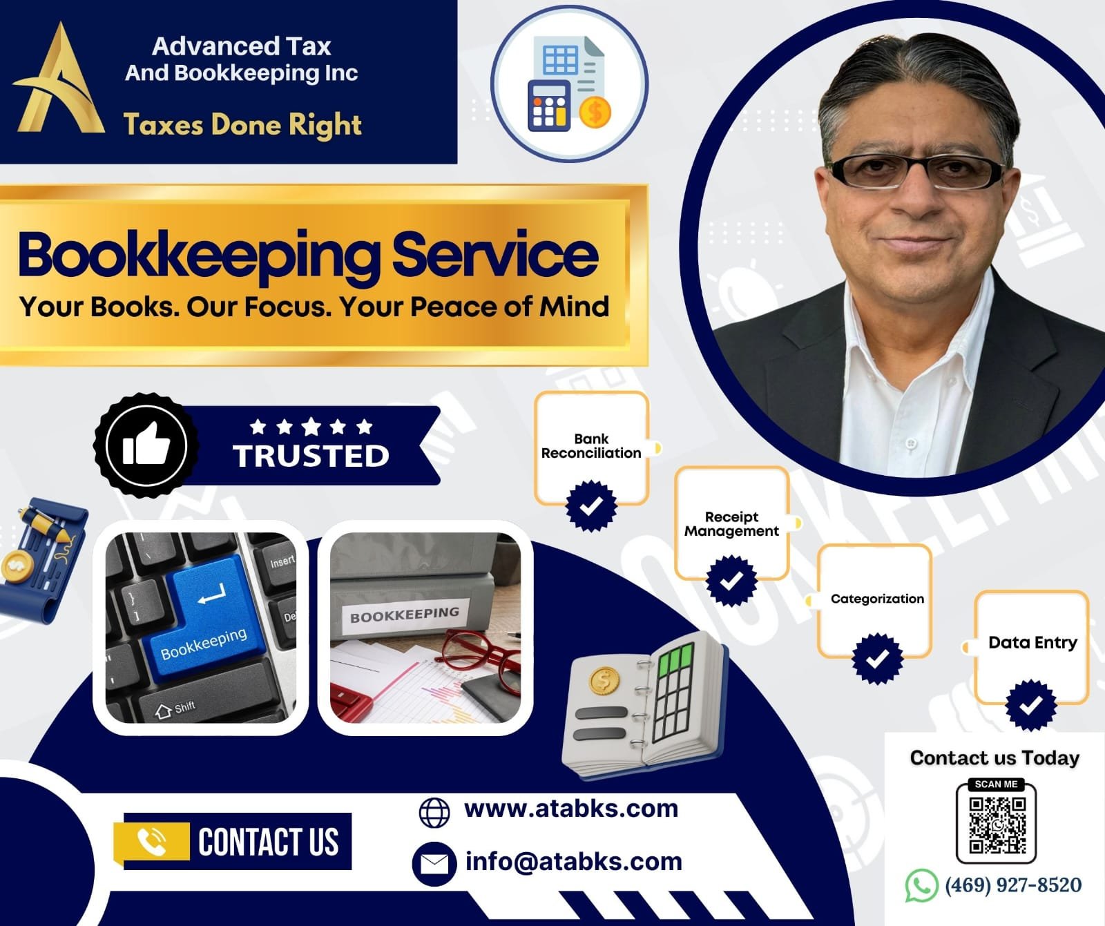 CPAcloud9 bookkeeping service graphic highlighting bank reconciliation, receipt management, categorization and data entry