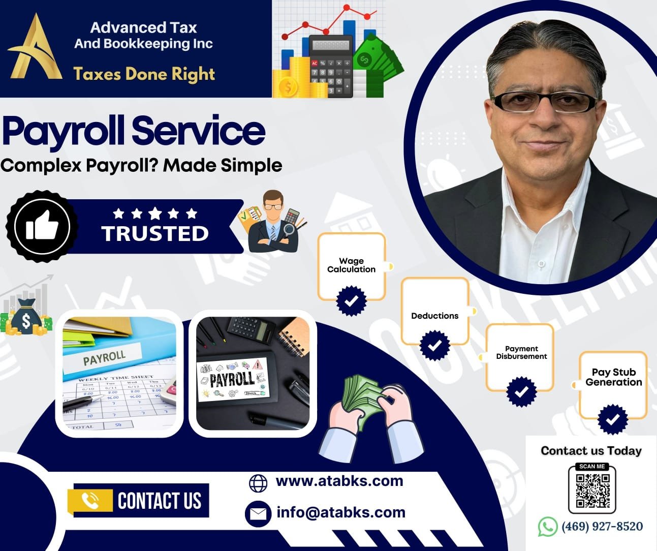 CPAcloud9 payroll service graphic highlighting wage calculation, deductions, payment disbursement and pay stub generation